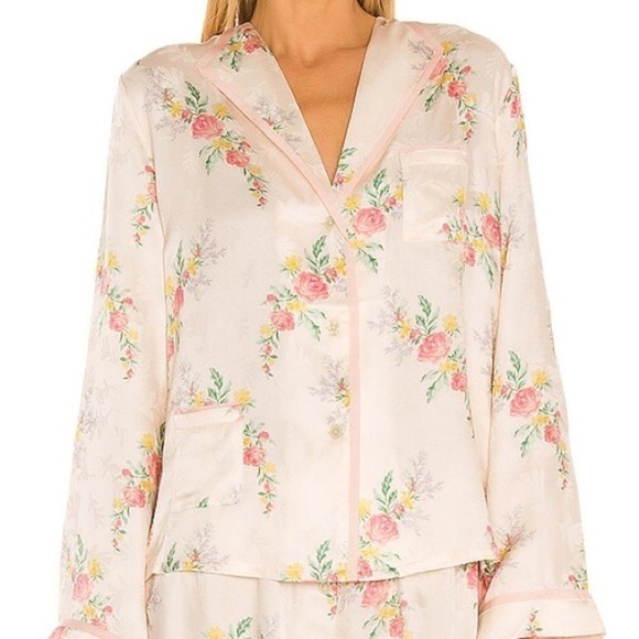 NWT Morgan Lane Mimi Crème Floral Patterned Silk Button Down Pajama Top - Picture 1 of 11